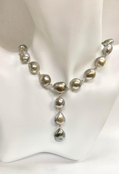 BELPEARL Keshi Pearl Y Necklace Set in 18 Karat White Gold and Diamonds
