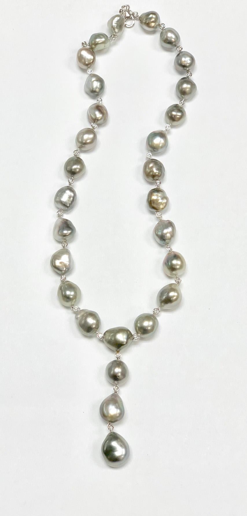 Contemporary BELPEARL Keshi Pearl Y Necklace Set in 18 Karat White Gold and Diamonds  For Sale