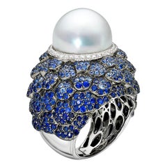 BELPEARL Statement, South Sea Pearl, Sapphire and Diamond Ring Set in 18K Gold