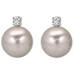 BELPEARL Tahitian Silver Grey Pearl Earrings 18 Karat White Gold, Diamonds 