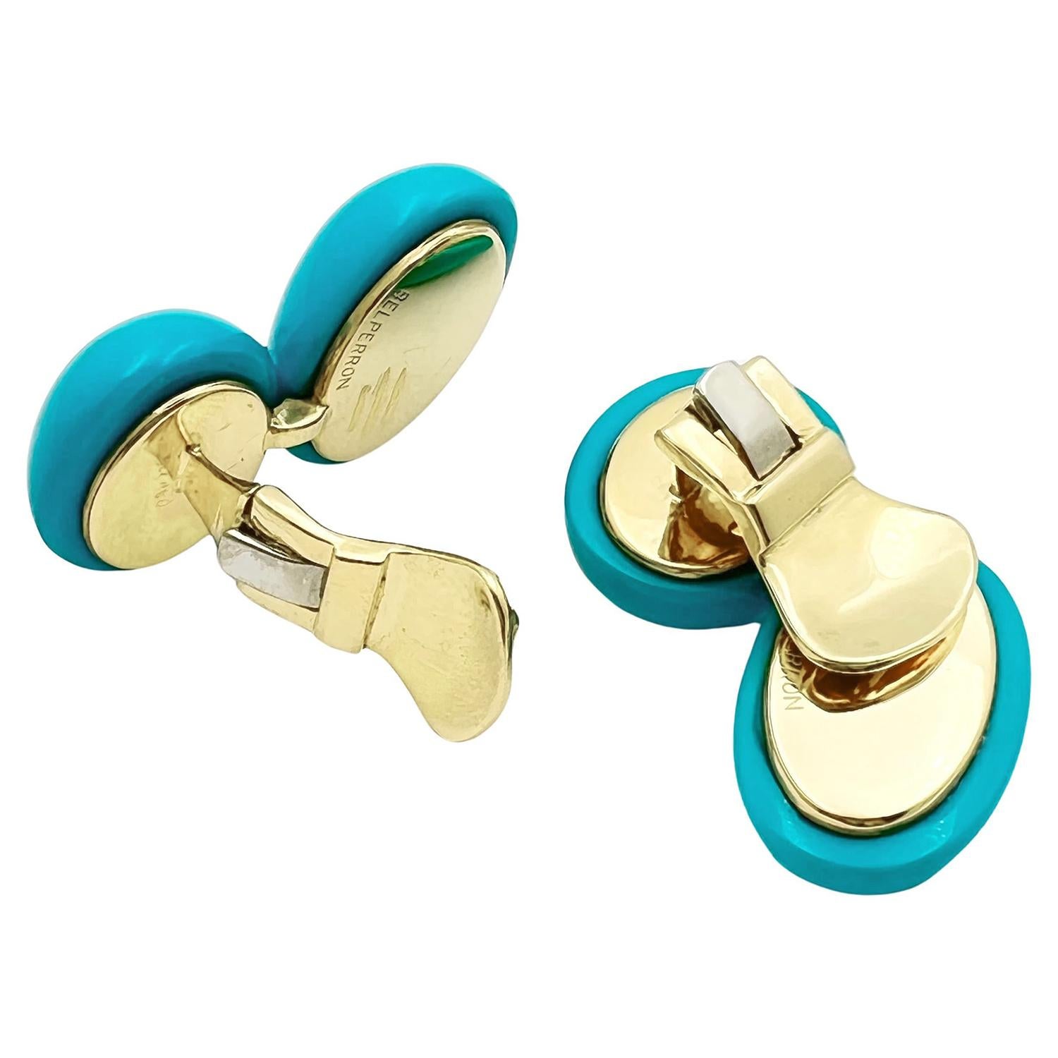 Cabochon Belperron 18k Yellow Gold Turquoise Gemini Earclips For Sale
