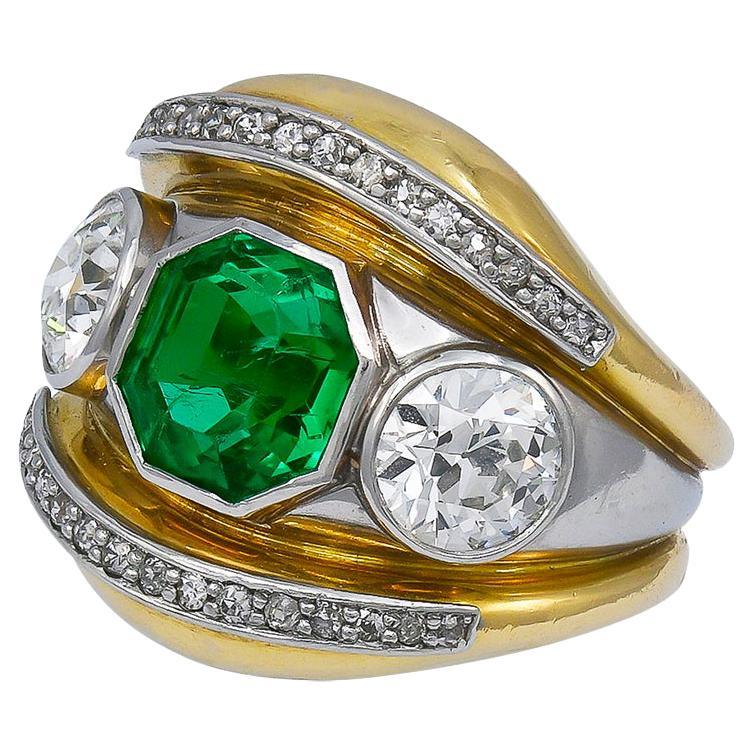 Belperron Mid-Century Gold Emerald Diamond "Bourrelets" Ring