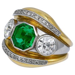 Vintage Belperron Mid-Century Gold Emerald Diamond "Bourrelets" Ring