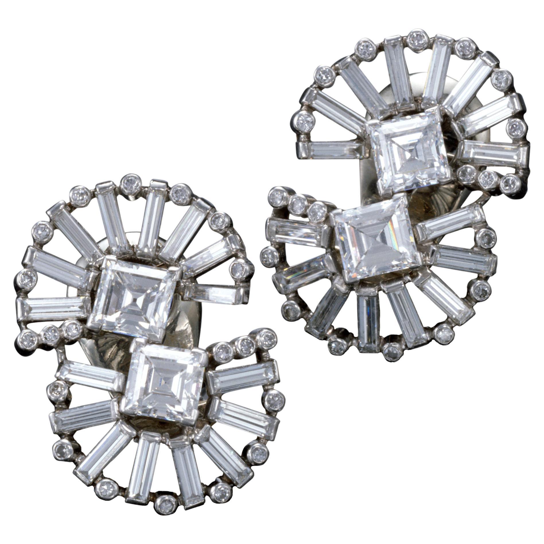 Belperron Mid-Century Platin Diamantfächer-Ohrringe mit Quadratschliff im Angebot