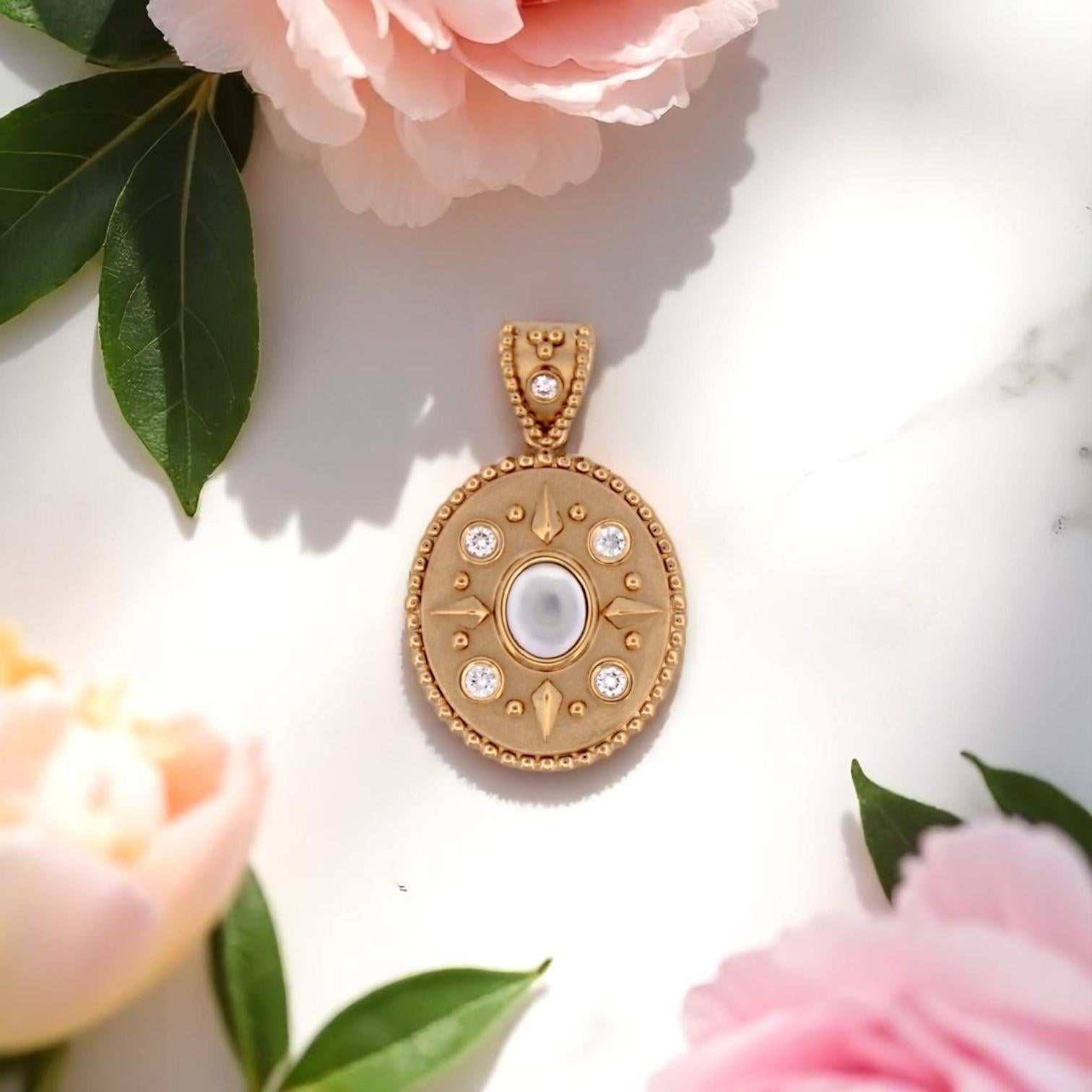 Art Deco Belphoebe  18k Yellow Gold Pendant – 1.18 ct Mother of Pearl & .12 ctw Natural For Sale