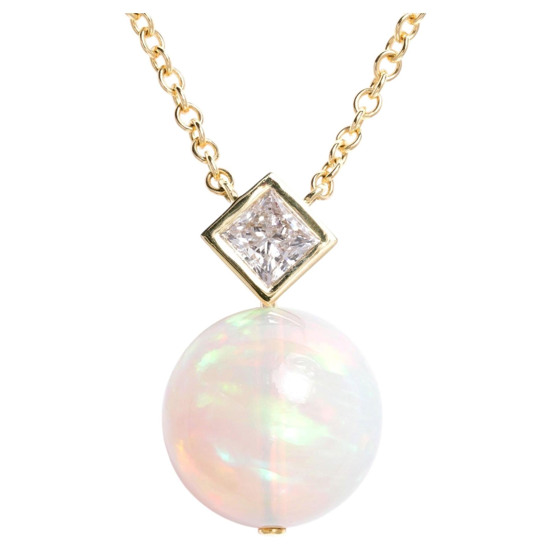 Belrose Jewelers Modernist 21 Carat Opal Orb Diamond Sphere Pendant Necklace For Sale