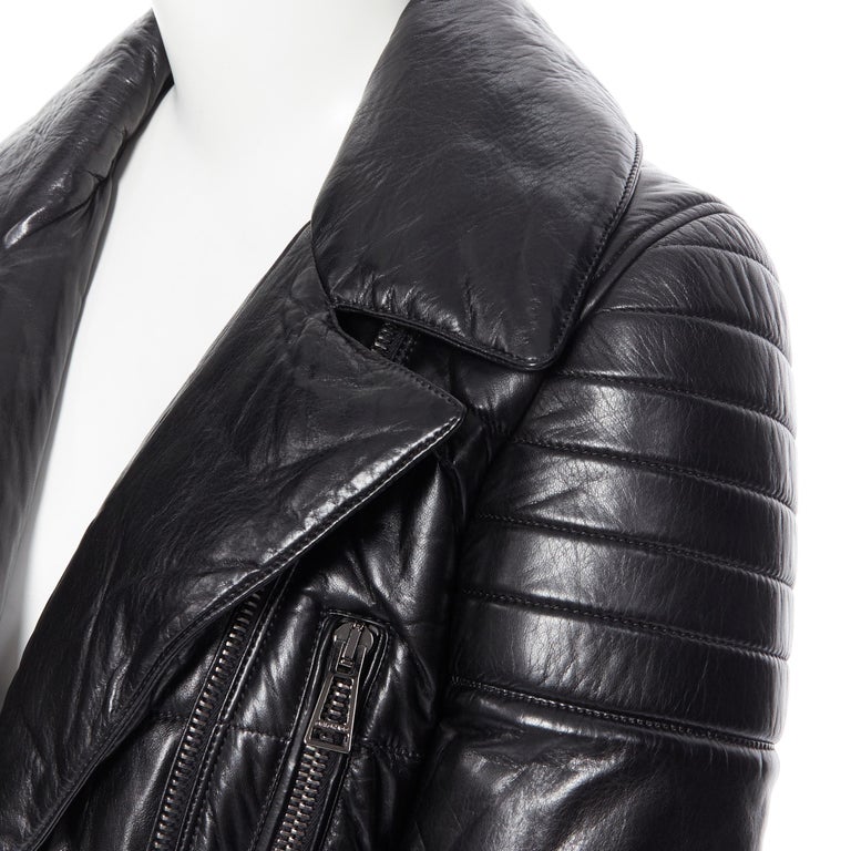 BELSTAFF 100% black leather motorcycle asymmetric zip padded winter jacket  FR40 For Sale at 1stDibs
