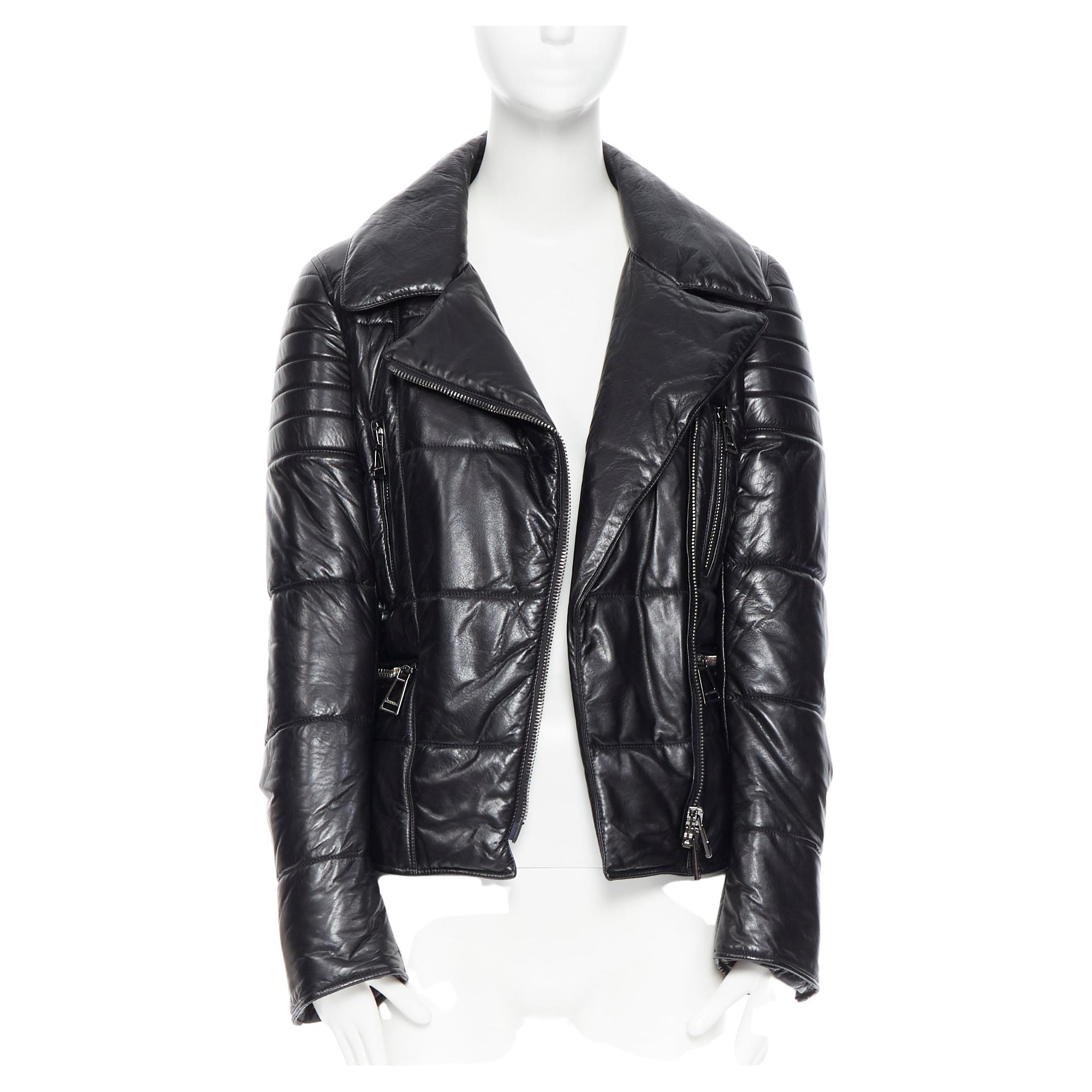 BELSTAFF 100% black leather motorcycle asymmetric zip padded winter jacket FR40