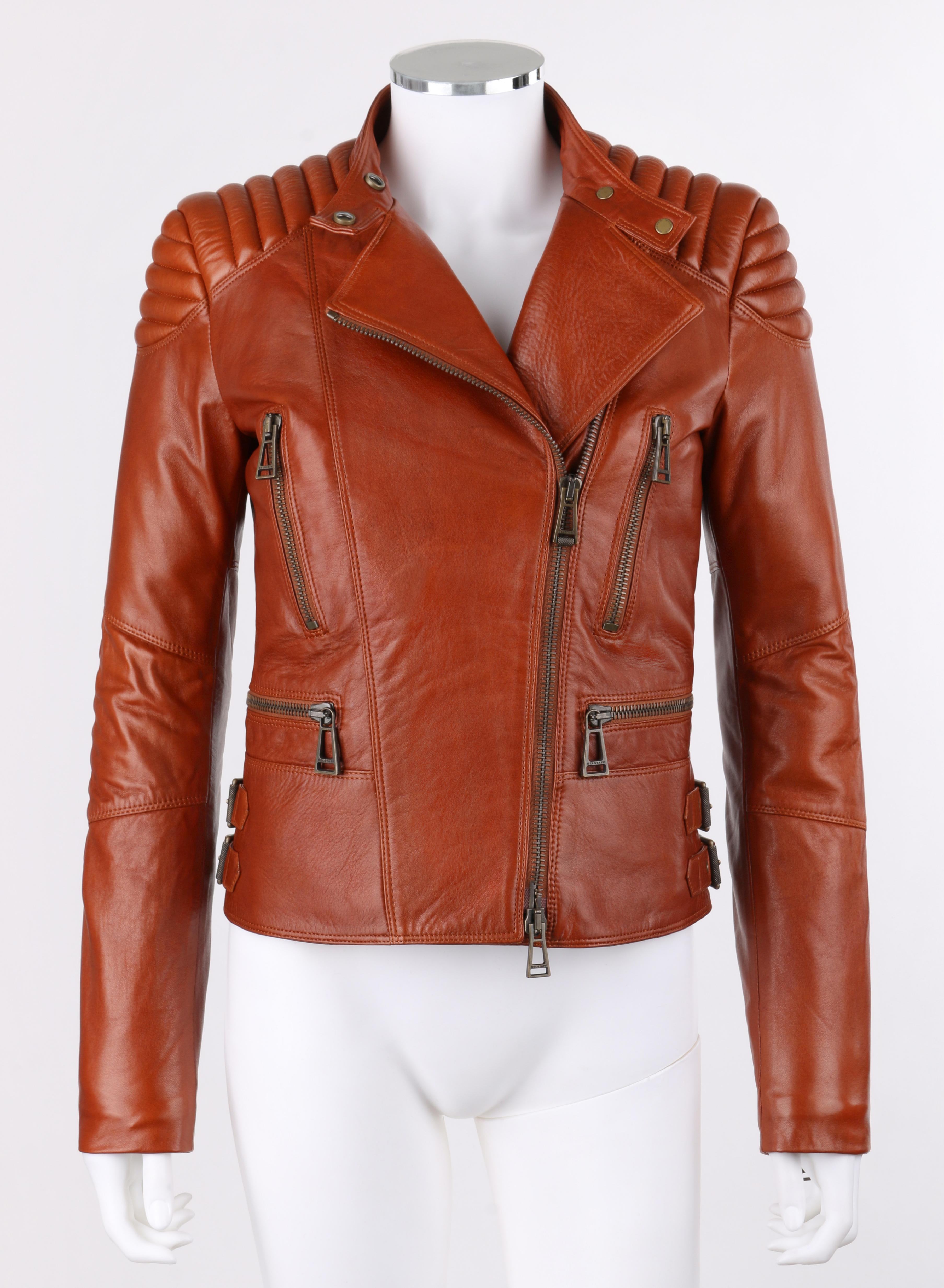 BELSTAFF c.2013 “Sydney” Molasses Brown Asymmetrical Quilted Napa Leather Motorcycle Biker Jacket 
 
Estimated Retail: $1,295
 
Brand / Manufacturer: Belstaff
Manufacturer Style Name: Sydney Moto
Style: Moto Jacket
Color(s): Brown
Lined: Yes     