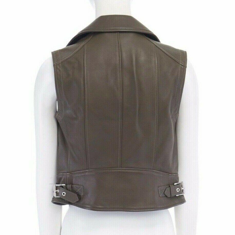 BELSTAFF khaki green black leather silver hardware biker vest FR36 US2 XS In Excellent Condition In Hong Kong, NT