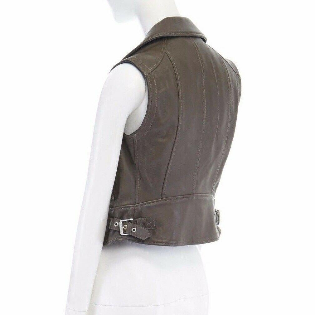 Women's BELSTAFF khaki green black leather silver hardware biker vest FR36 US2 XS