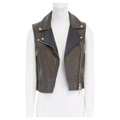 BELSTAFF khaki green black leather silver hardware biker vest FR36 US2 XS