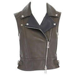 BELSTAFF khaki green black leather silver hardware biker vest FR36 US2 XS