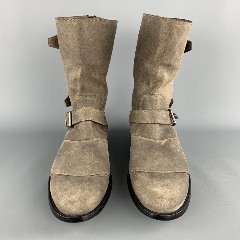 BELSTAFF Size 11 Taupe Distressed Suede Zip and Belt Ankle Boots at 1stDibs
