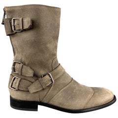 Used BELSTAFF Size 11 Taupe Distressed Suede Zip & Belt Ankle Boots