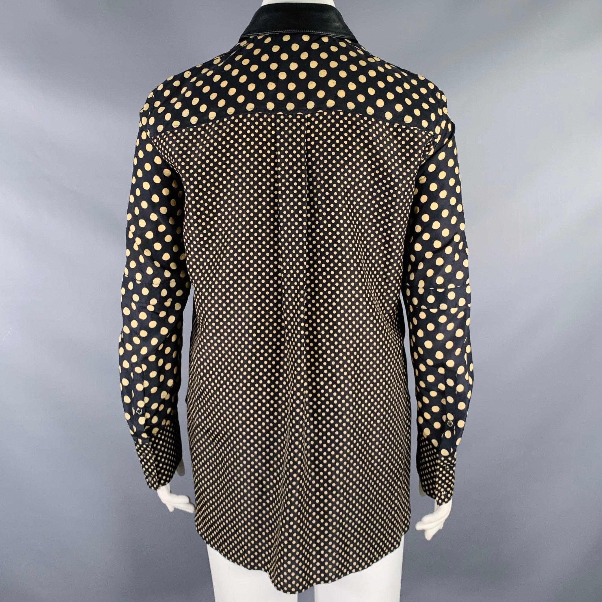 BELSTAFF Size L Black Khaki Polka Dot Leather Collar Button Up Shirt For Sale 1