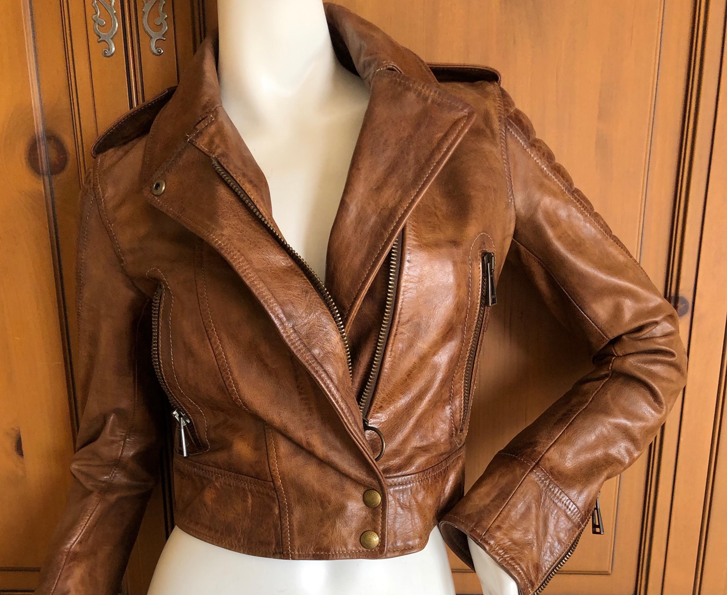 Belstaff Wonderful Honey Brown Distressed Leather Motocross Jacket
So cool, please use zoom feature to see details.
Size small but marked M, but the consignor is a size 2-4
 Bust 34