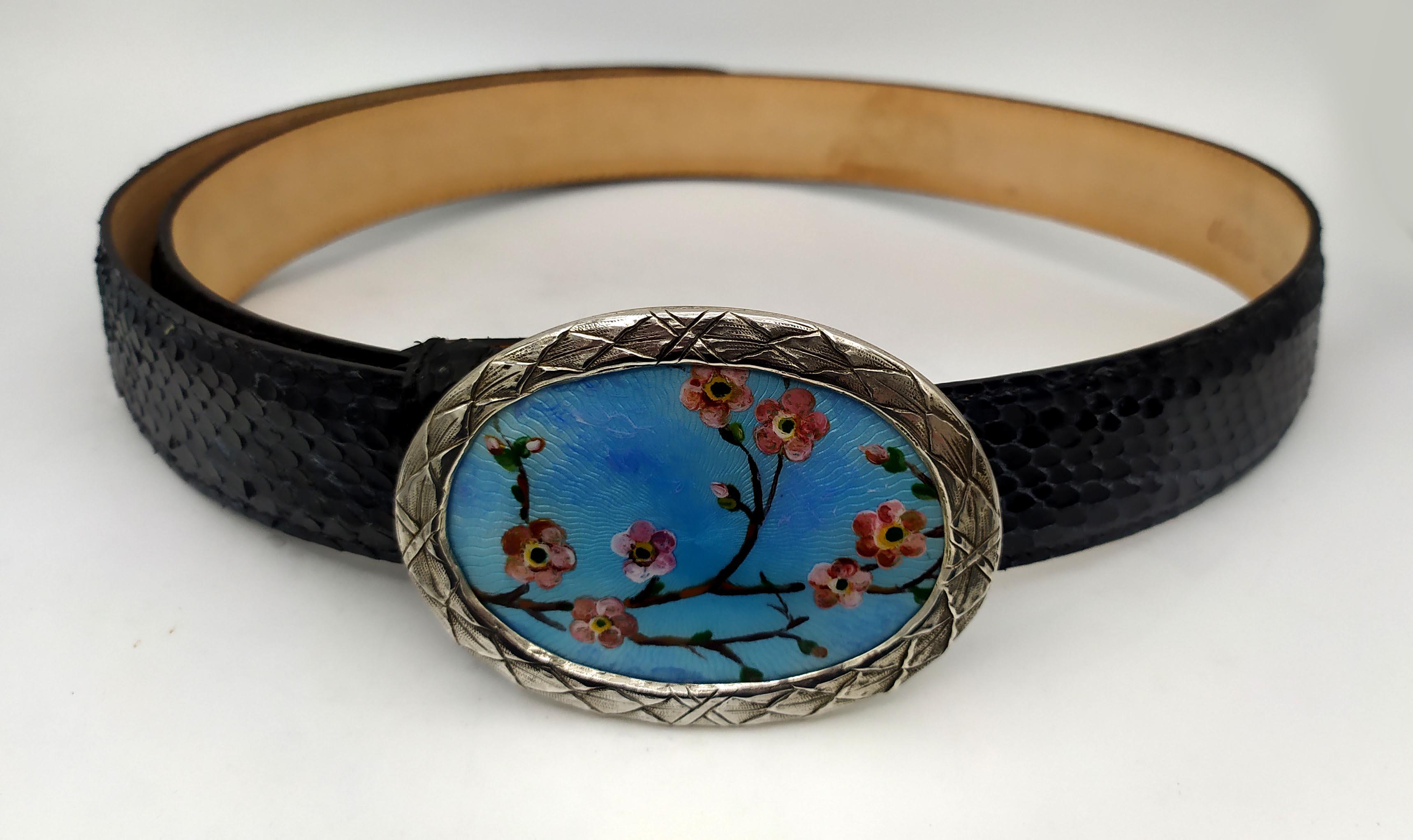 Modern Belt real black python buckle Sterling silver fire enamel hand painted Salimbeni For Sale