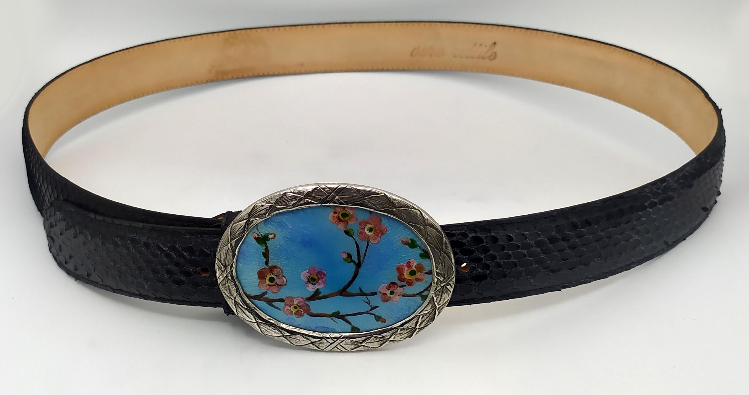 Italian Belt real black python buckle Sterling silver fire enamel hand painted Salimbeni For Sale