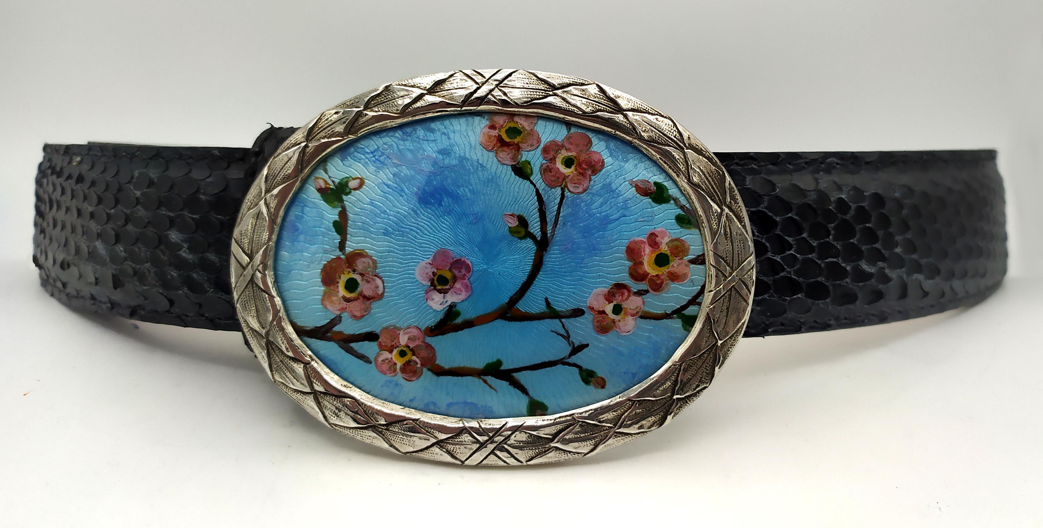Hand-Carved Belt real black python buckle Sterling silver fire enamel hand painted Salimbeni For Sale