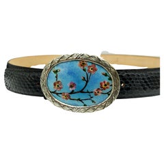 Ceinture boucle en python noir véritable Argent sterling émail de feu peint à la main Salimbeni