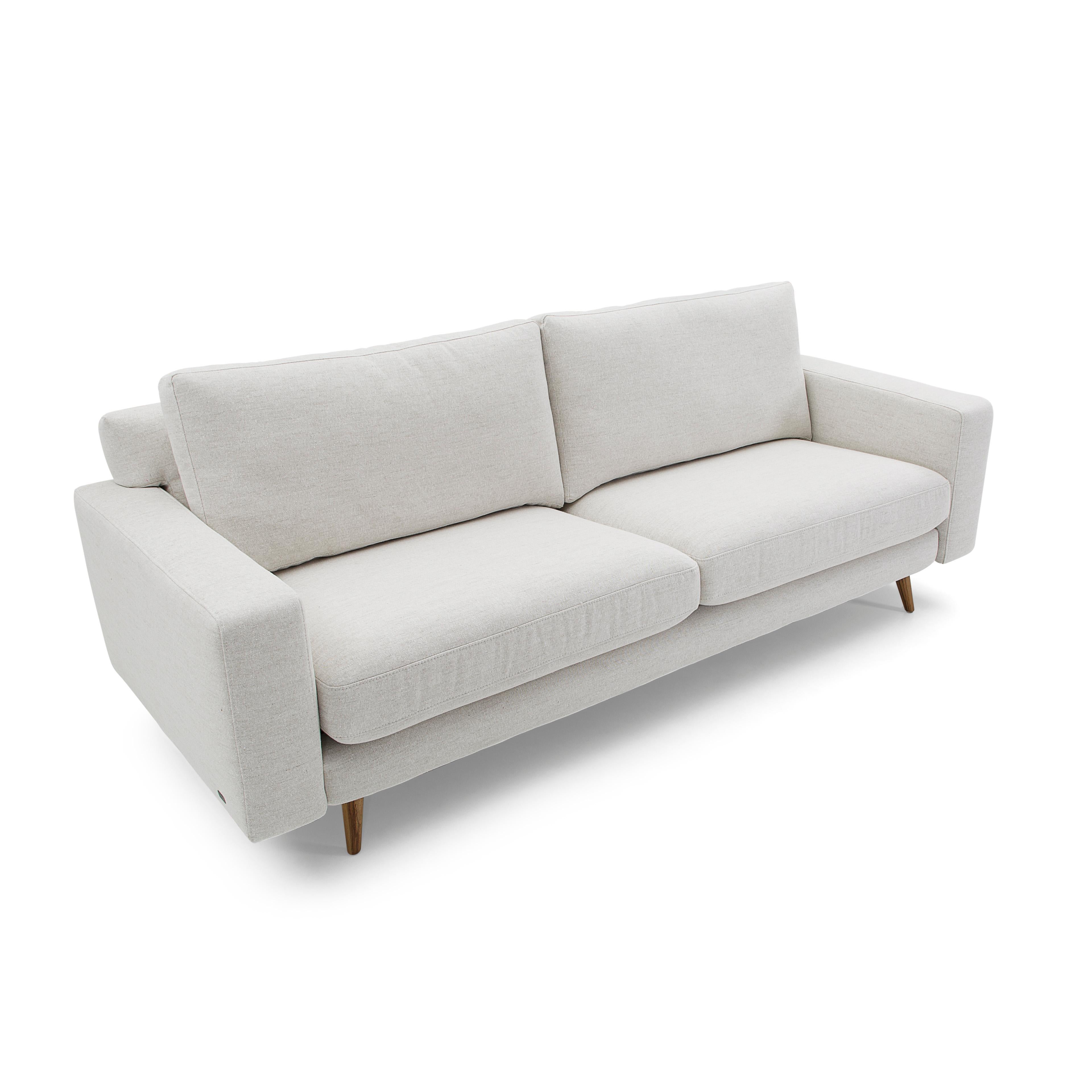 Brazilian Belt Sofa Upholstered in Off-White Fabric and Teak Wood Legs For Sale