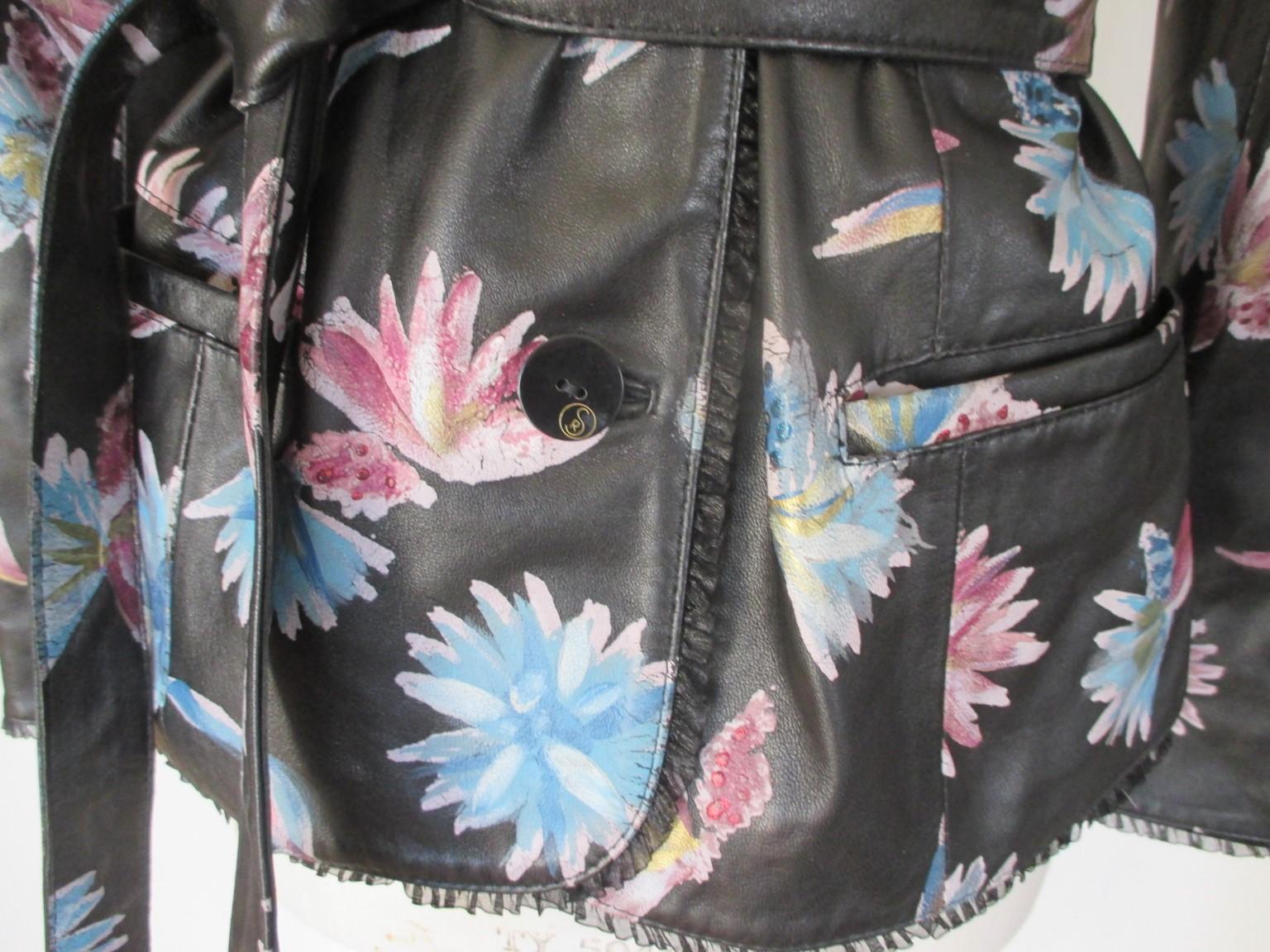 Belted Black Leather Floral Lace Jacket  In Excellent Condition In Amsterdam, NL