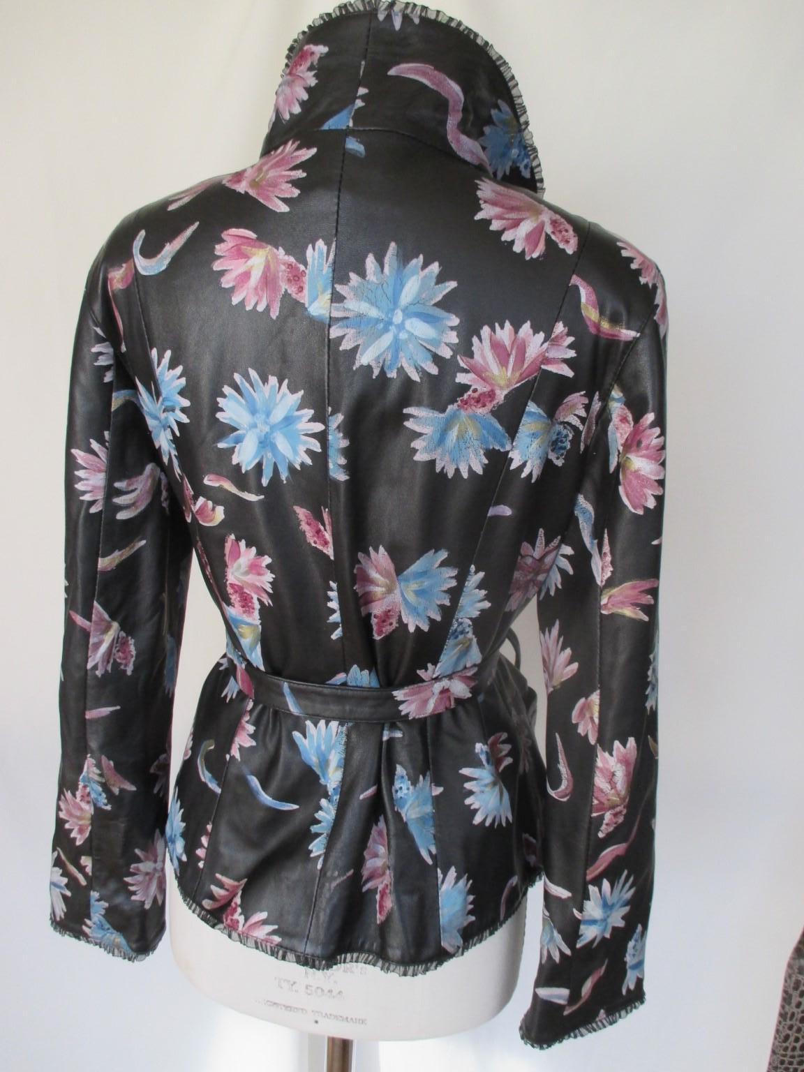 Women's or Men's Belted Black Leather Floral Lace Jacket 