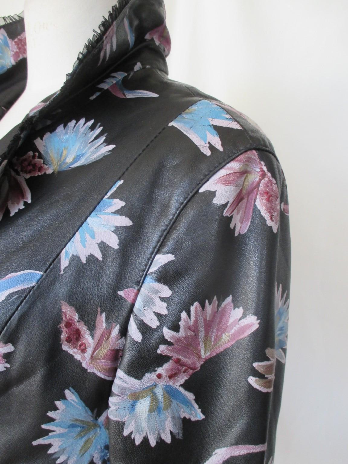 Belted Black Leather Floral Lace Jacket  3