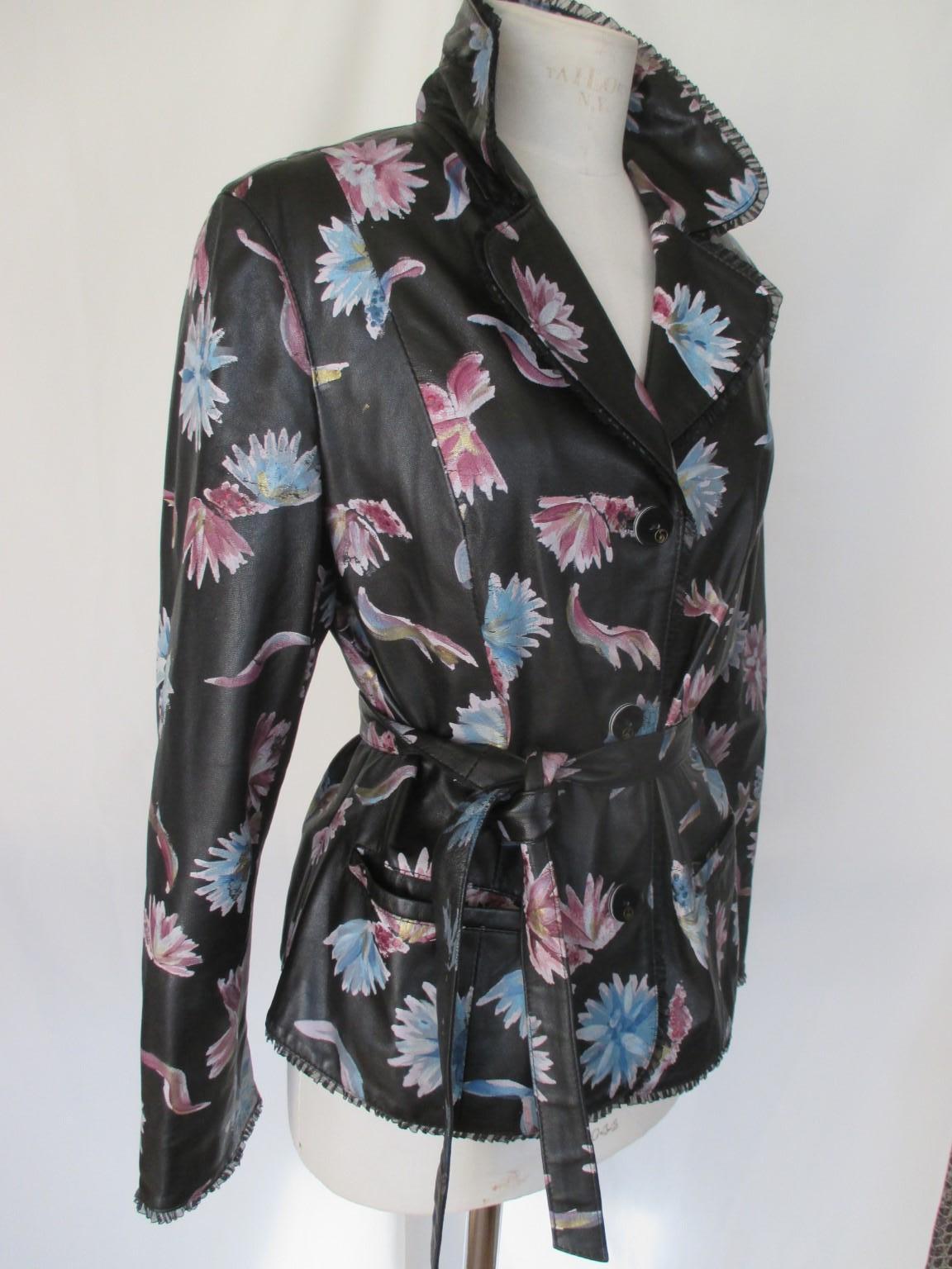 Belted Black Leather Floral Lace Jacket  4