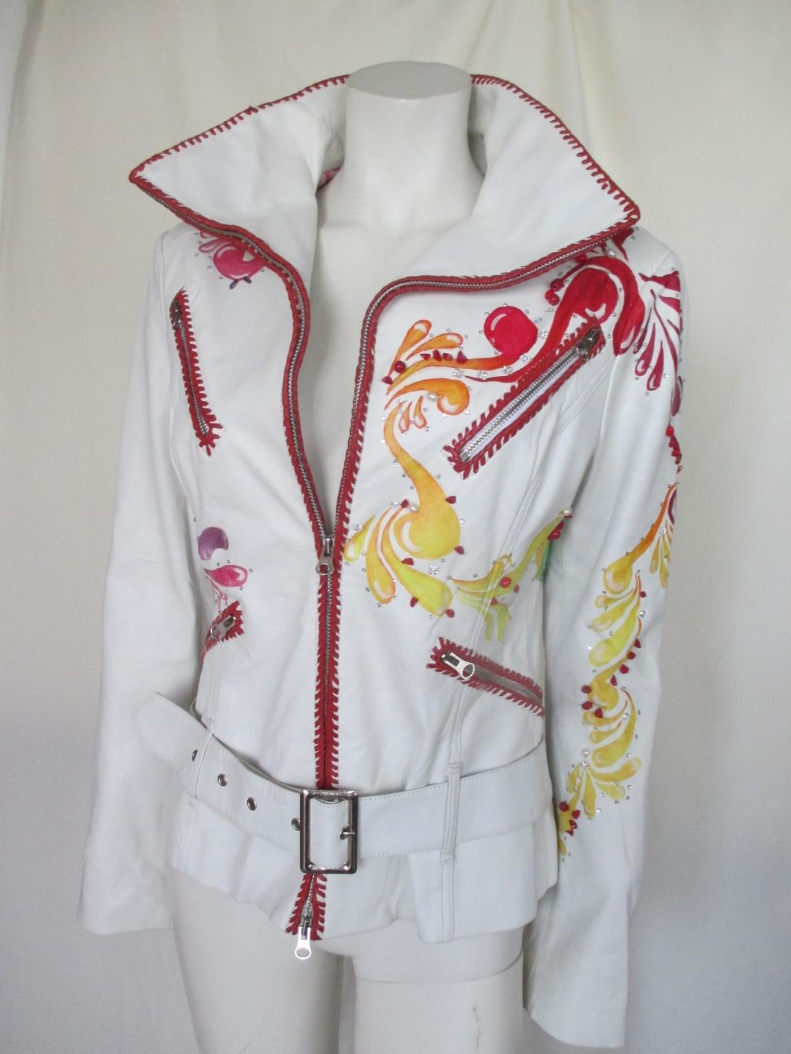 Belted White Leather Floral Jacket  For Sale 7