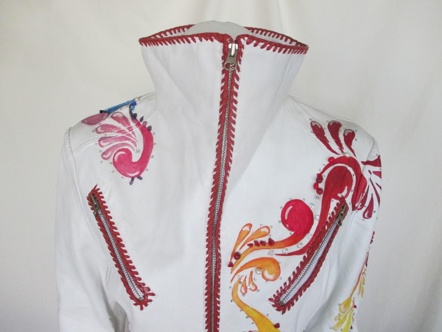 Gray Belted White Leather Floral Jacket  For Sale
