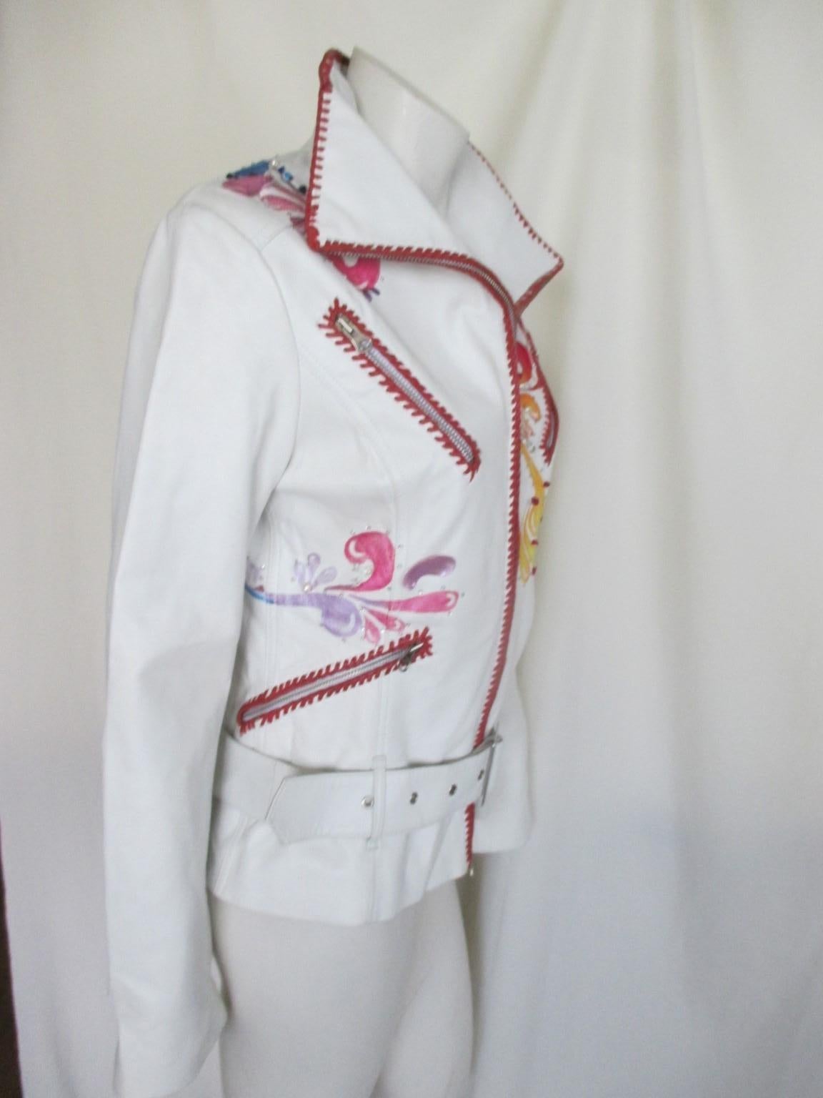 Women's or Men's Belted White Leather Floral Jacket  For Sale