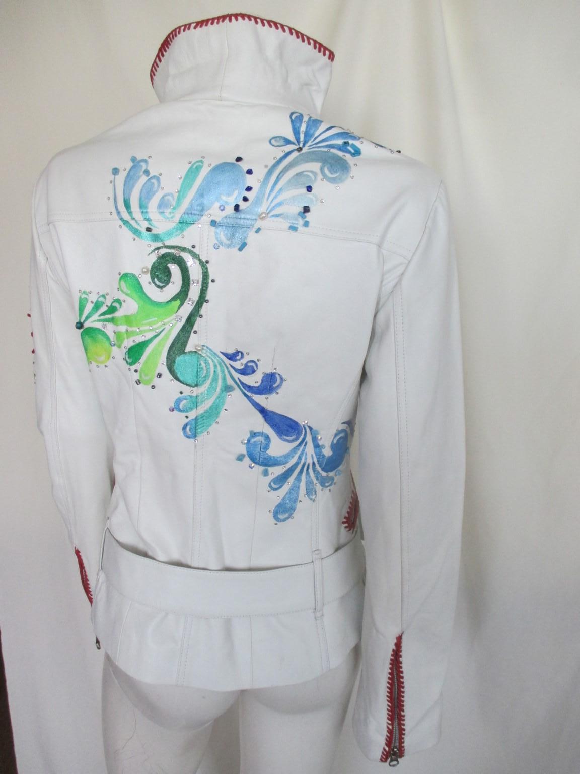 Belted White Leather Floral Jacket  For Sale 1