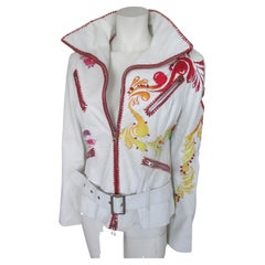 Vintage Belted White Leather Floral Jacket 