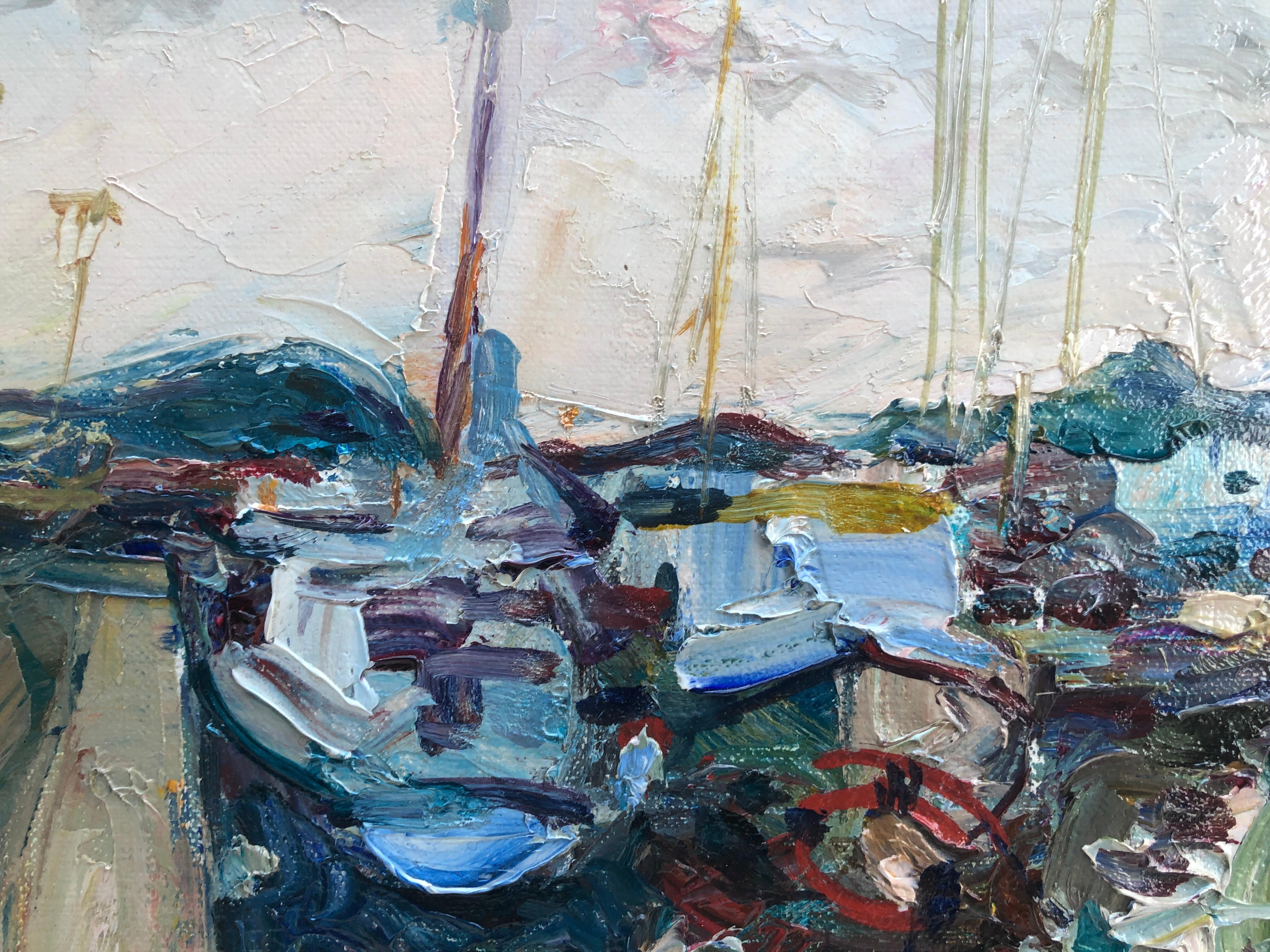 Port de Pollensa Majorque Espagne paysage marin huile sur toile peinture - Bleu Landscape Painting par Beltran Bofill