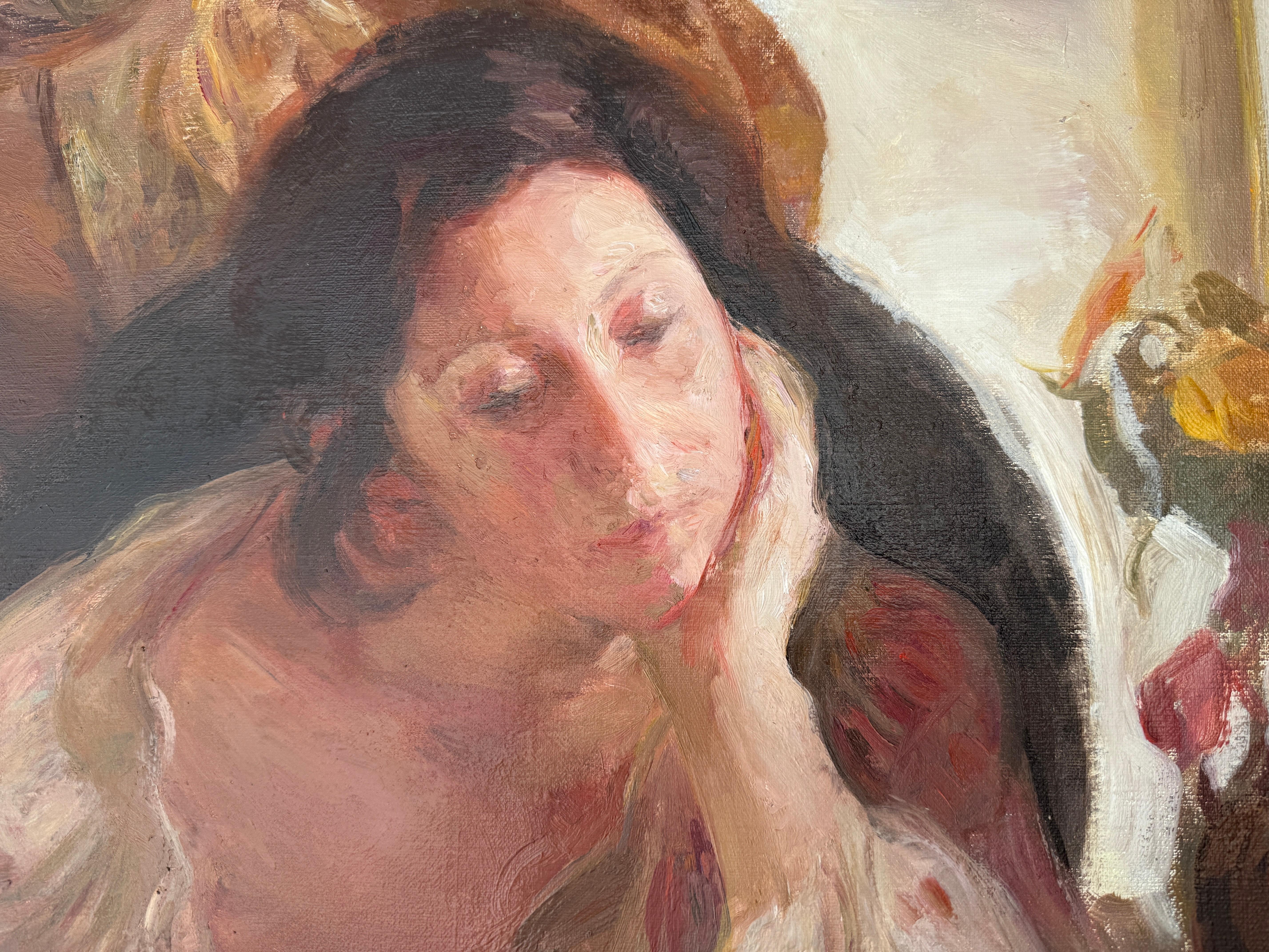 Liegende Frau mit Blumen Öl auf Leinwand Gemälde (Braun), Portrait Painting, von Beltran Bofill