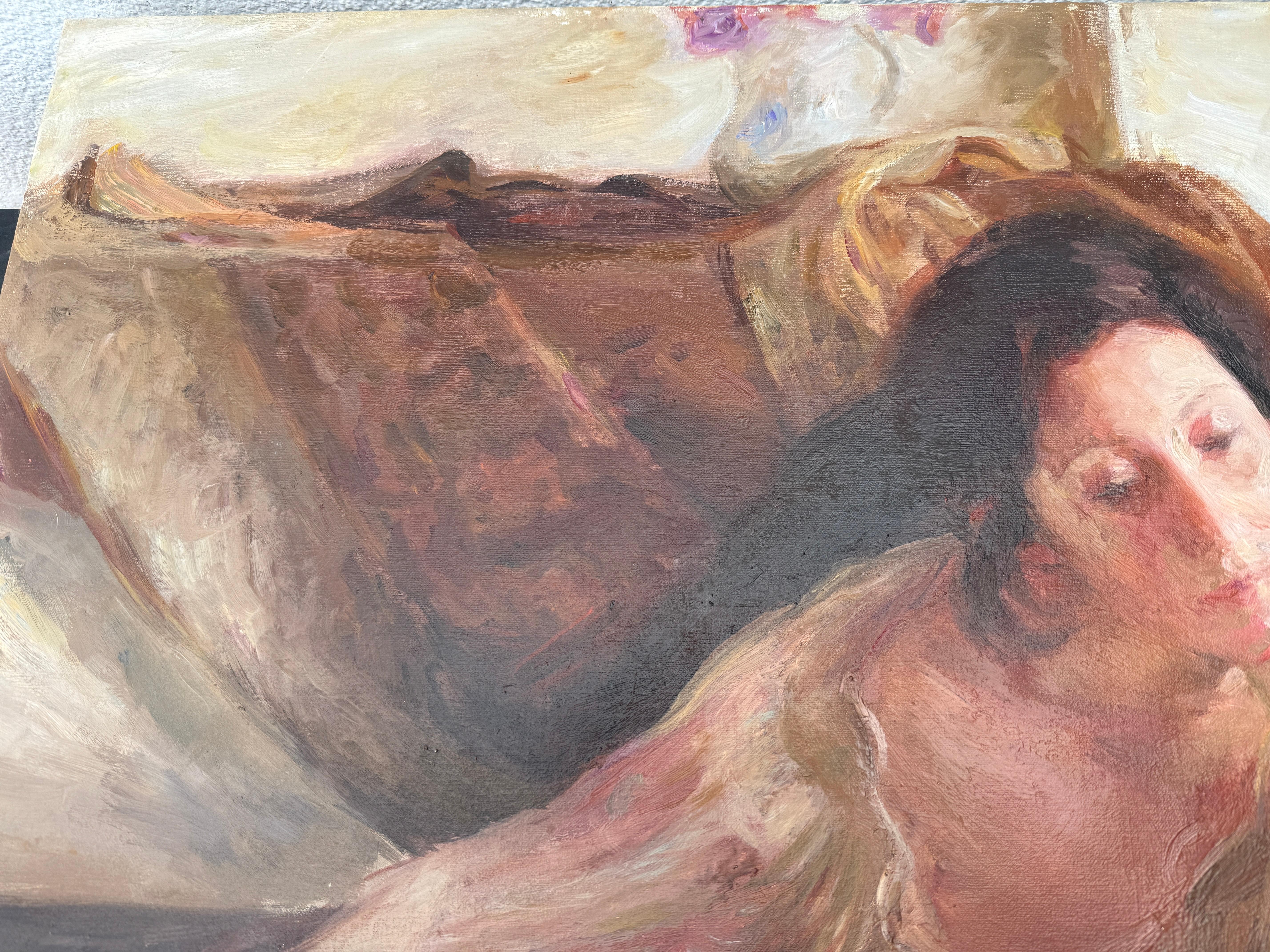 Liegende Frau mit Blumen Öl auf Leinwand Gemälde im Angebot 2