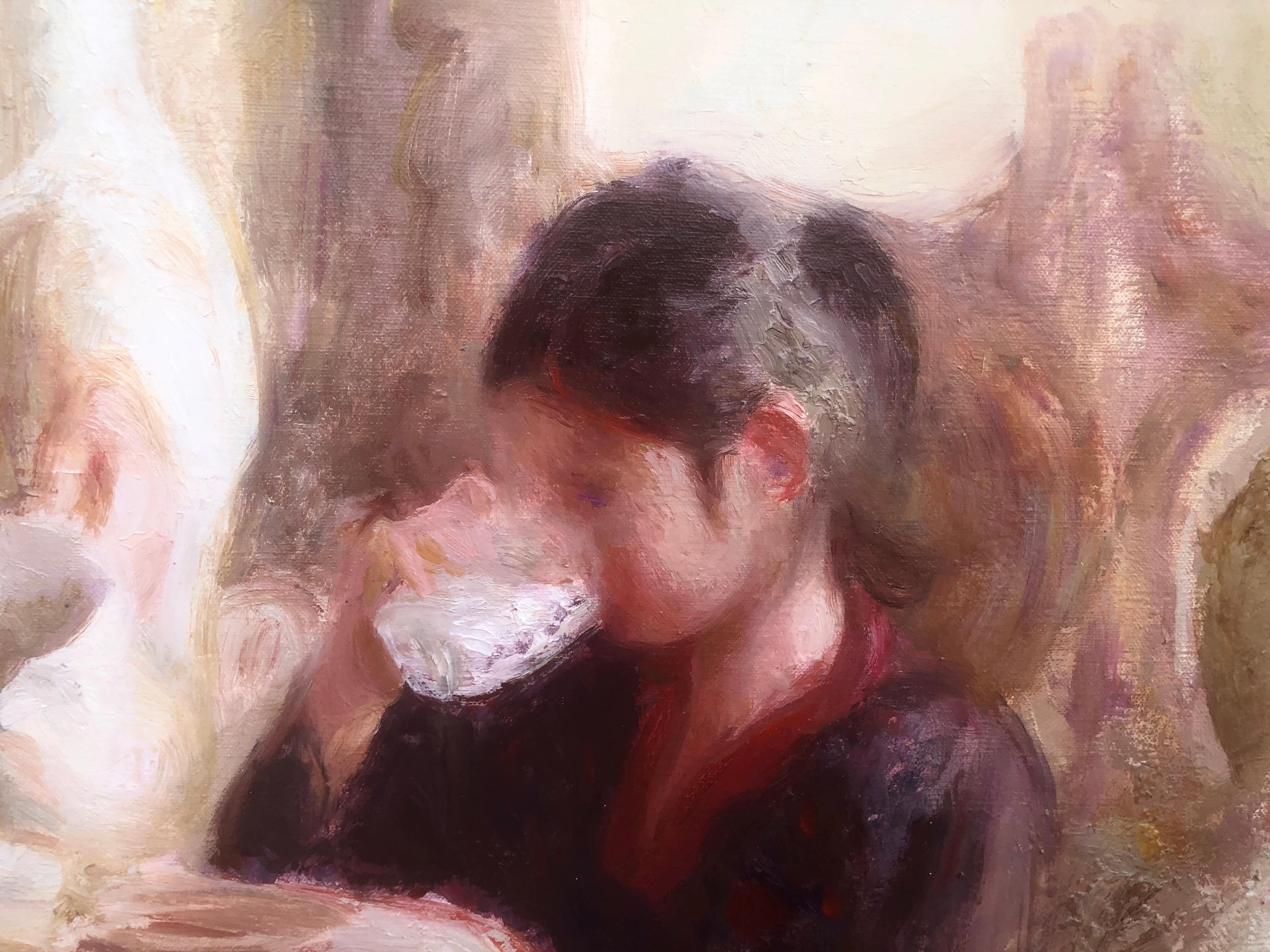 three women having tea oil on canvas painting - Post-Impressionist Painting by Beltran Bofill