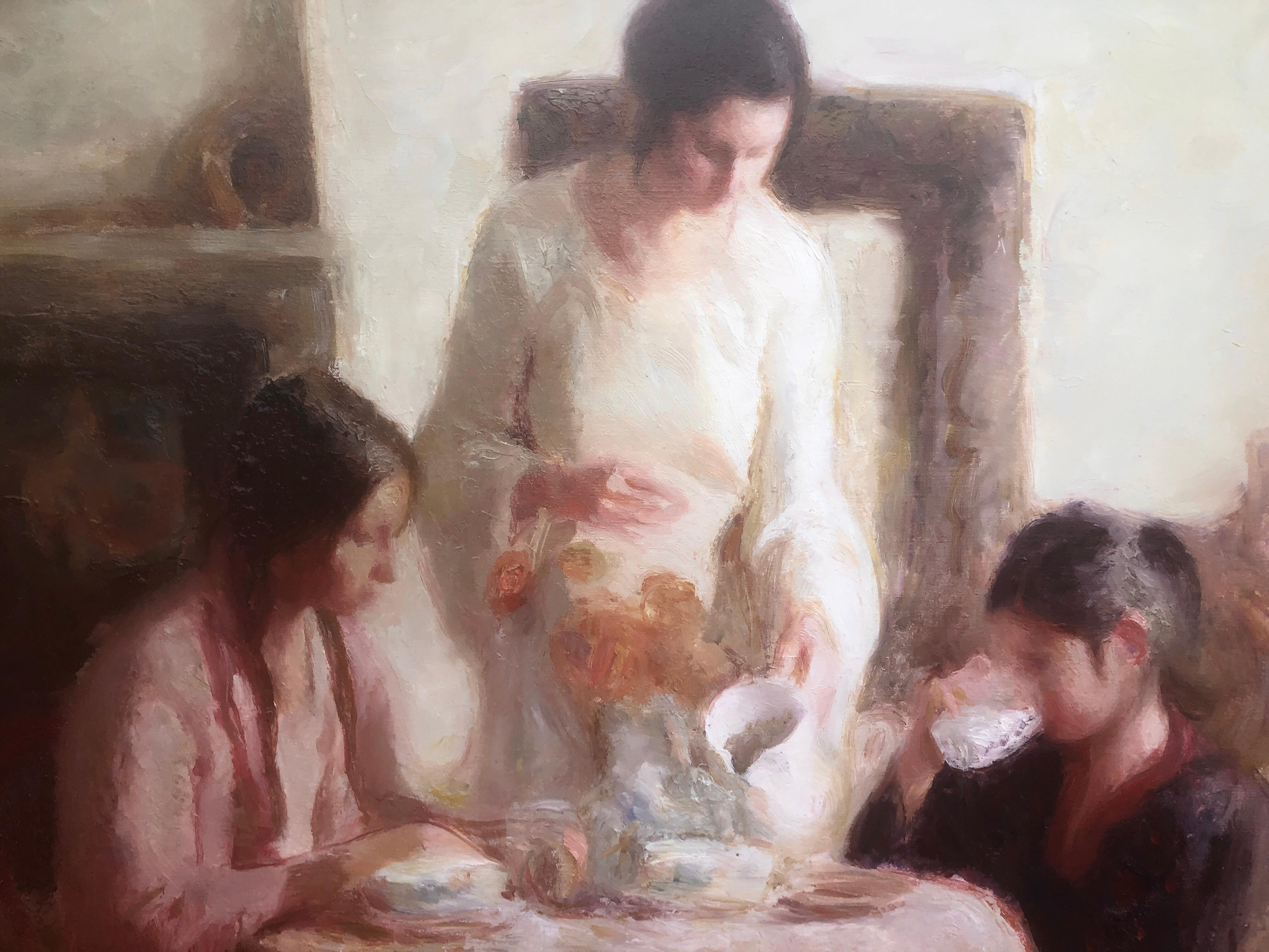 three women having tea oil on canvas painting For Sale 1