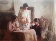 three women having tea oil on canvas painting