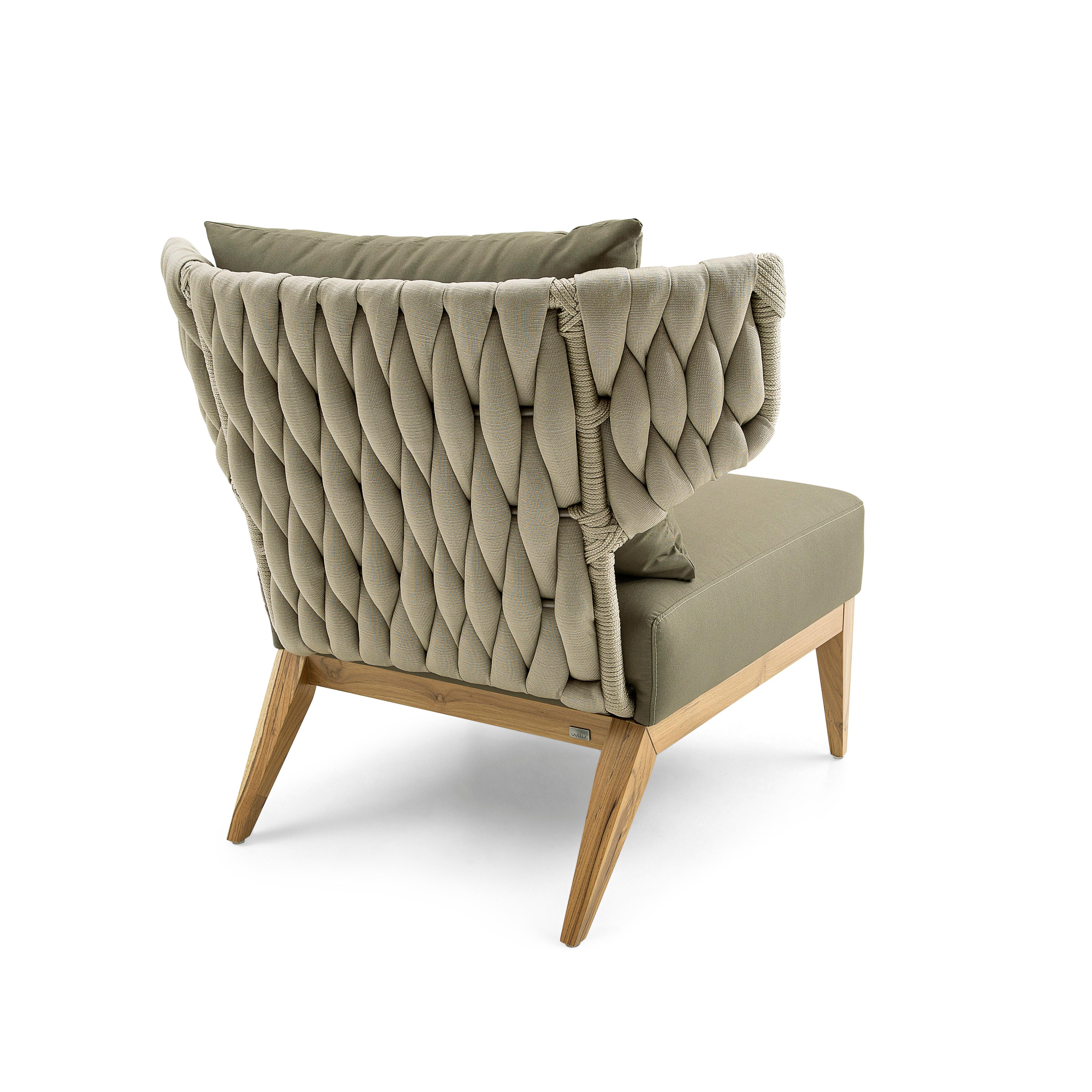 Contemporary Beluga Outdoor Armchair in Olive Green fabric and Teak wood For Sale