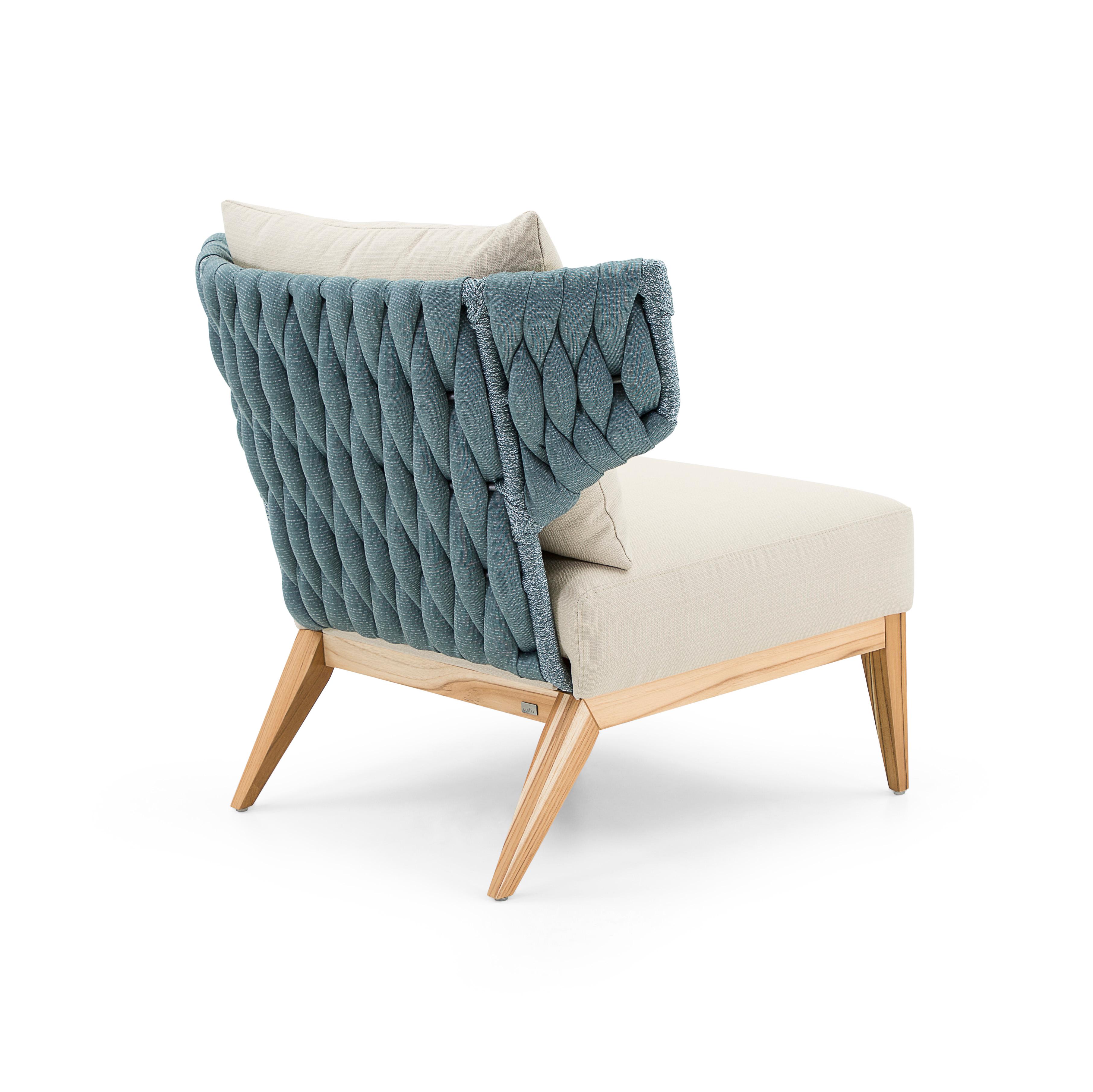 Beluga Outdoor Armchair in Beige and Blue fabric and Teak wood In New Condition For Sale In Miami, FL