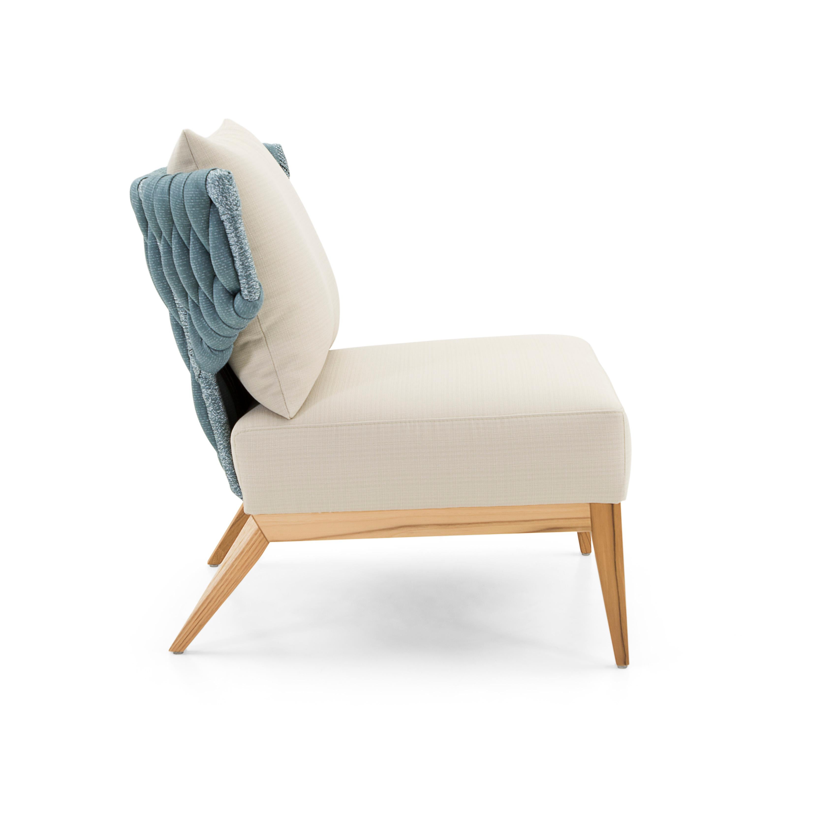 Teak Outdoor Beige Lounge Chair mit blauer geflochtener Rückenlehne, Beluga Collection (Handgewebt) im Angebot