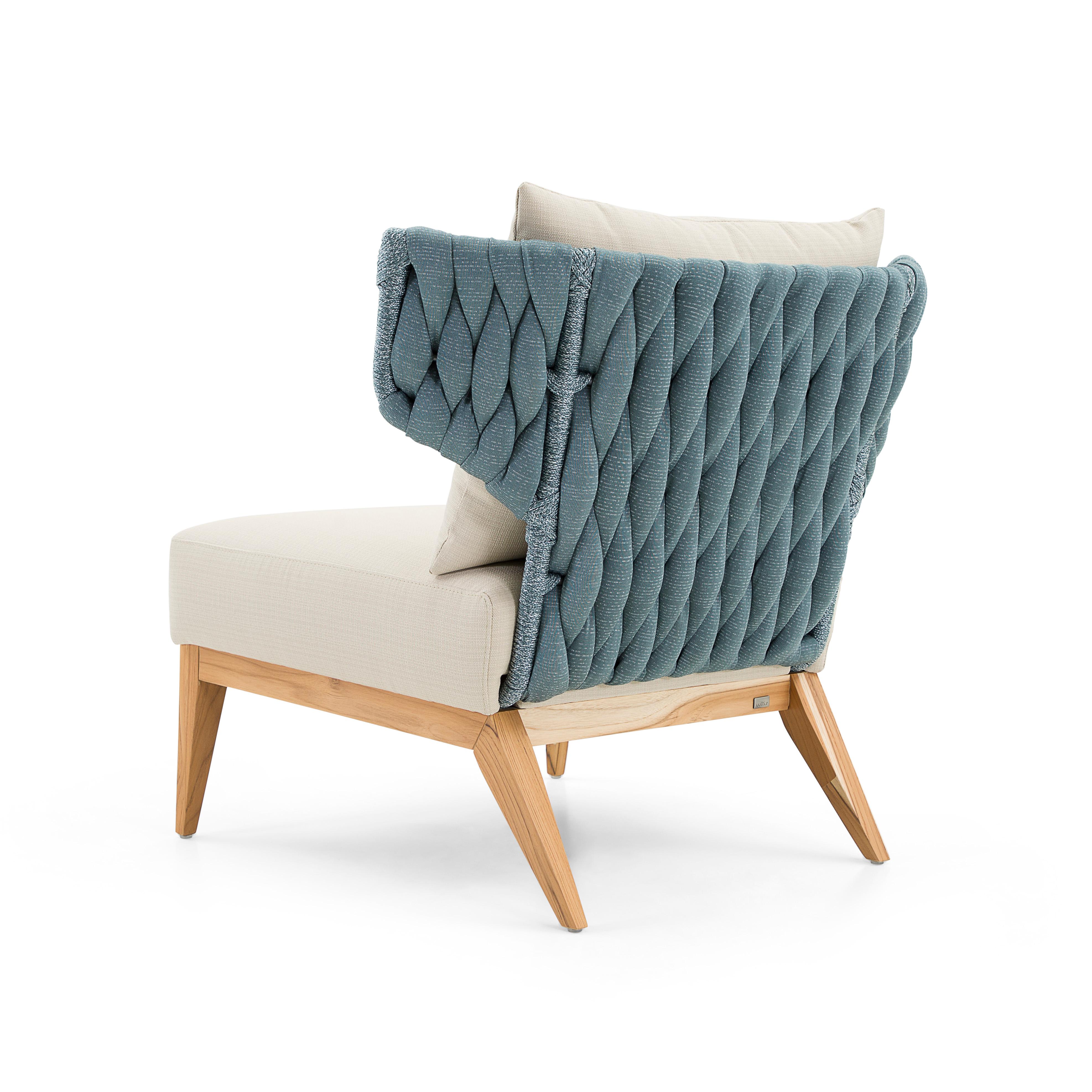 Upholstery Beluga Outdoor Armchair in Beige and Blue fabric and Teak wood For Sale