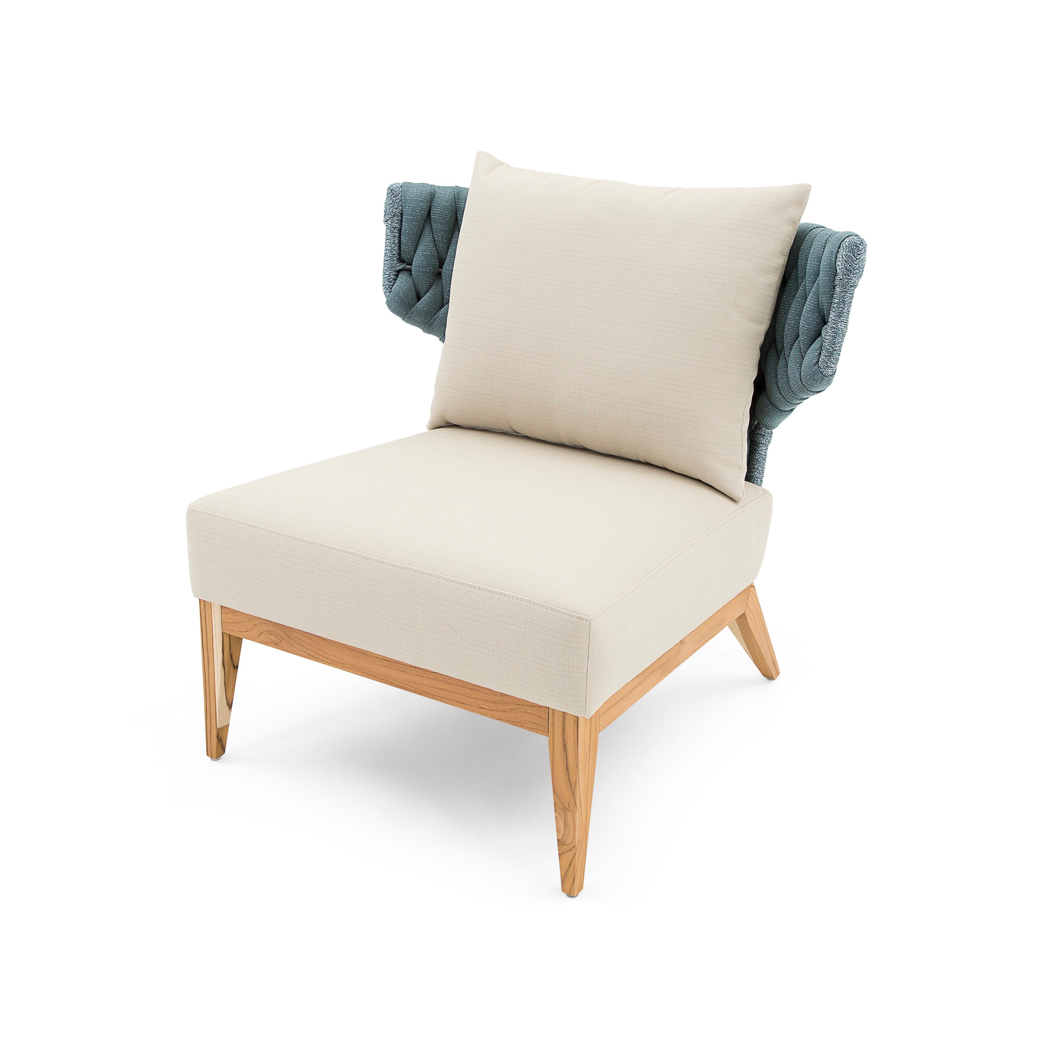 Beluga Outdoor Armchair in Beige and Blue fabric and Teak wood For Sale 1