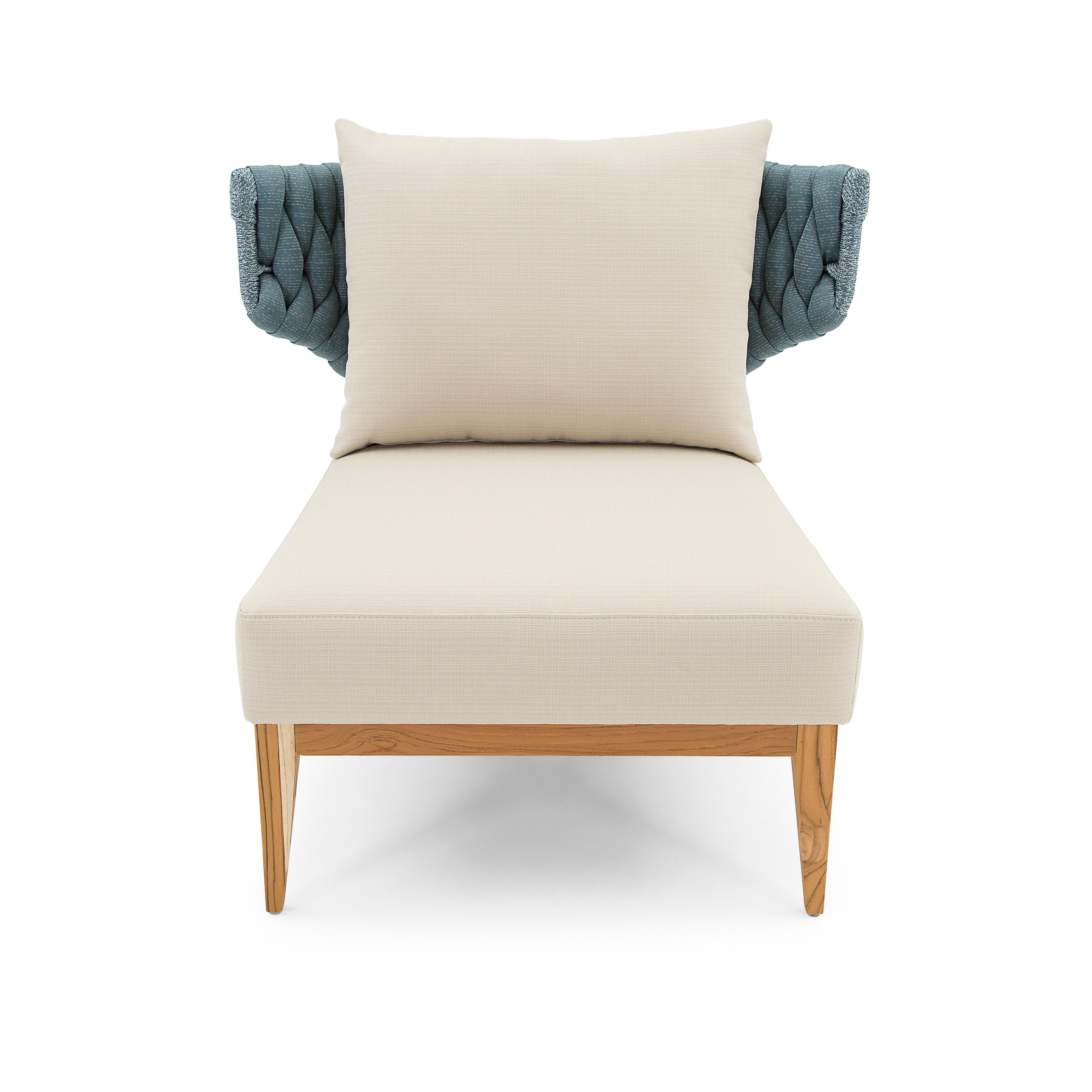 Beluga Outdoor Armchair in Beige and Blue fabric and Teak wood For Sale 2