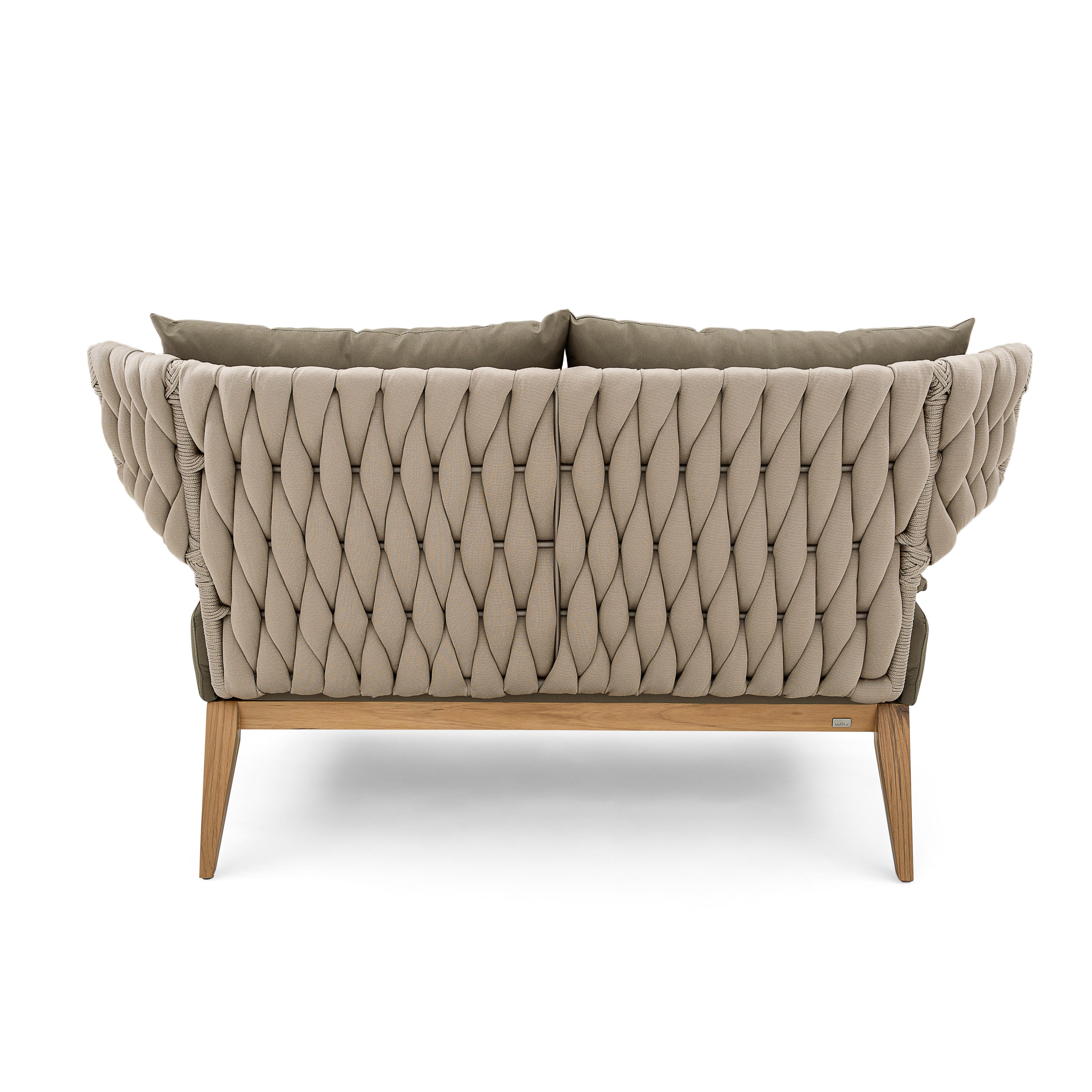 Brazilian Beluga Outdoor Loveseat in Olive Green fabric and Teak wood For Sale