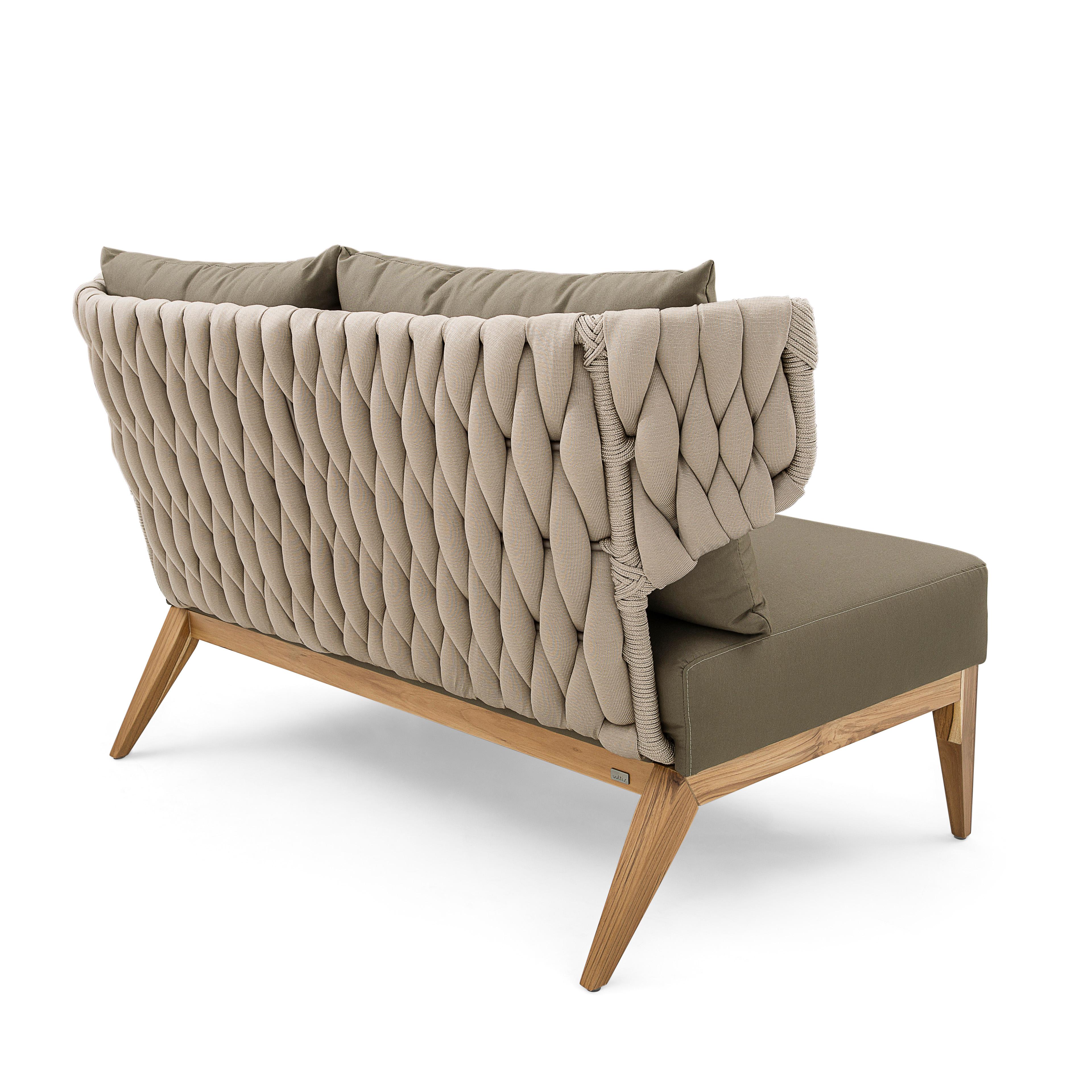 Beluga Outdoor Loveseat in Olive Green fabric and Teak wood In New Condition For Sale In Miami, FL