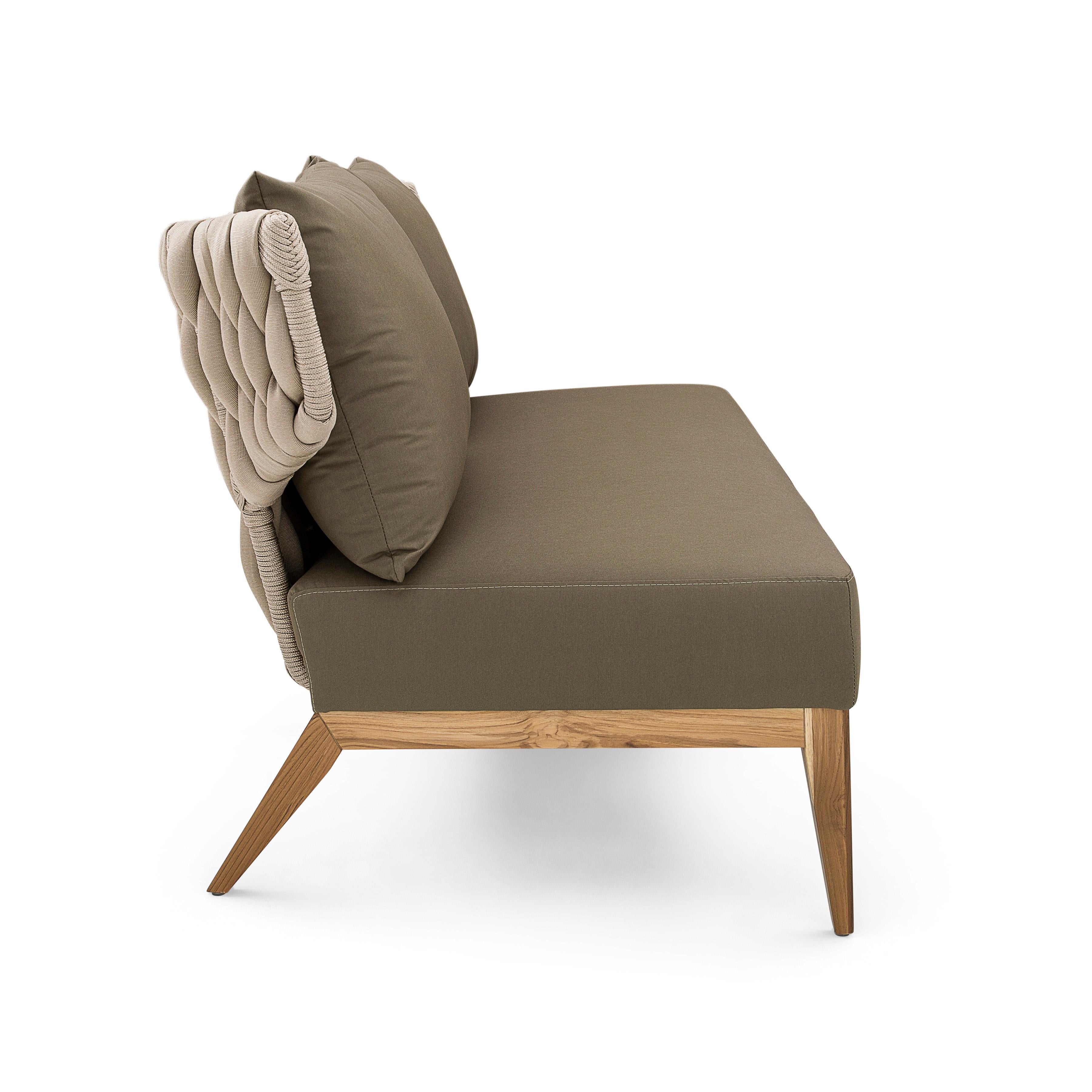 Contemporary Beluga Outdoor Loveseat in Olive Green fabric and Teak wood For Sale